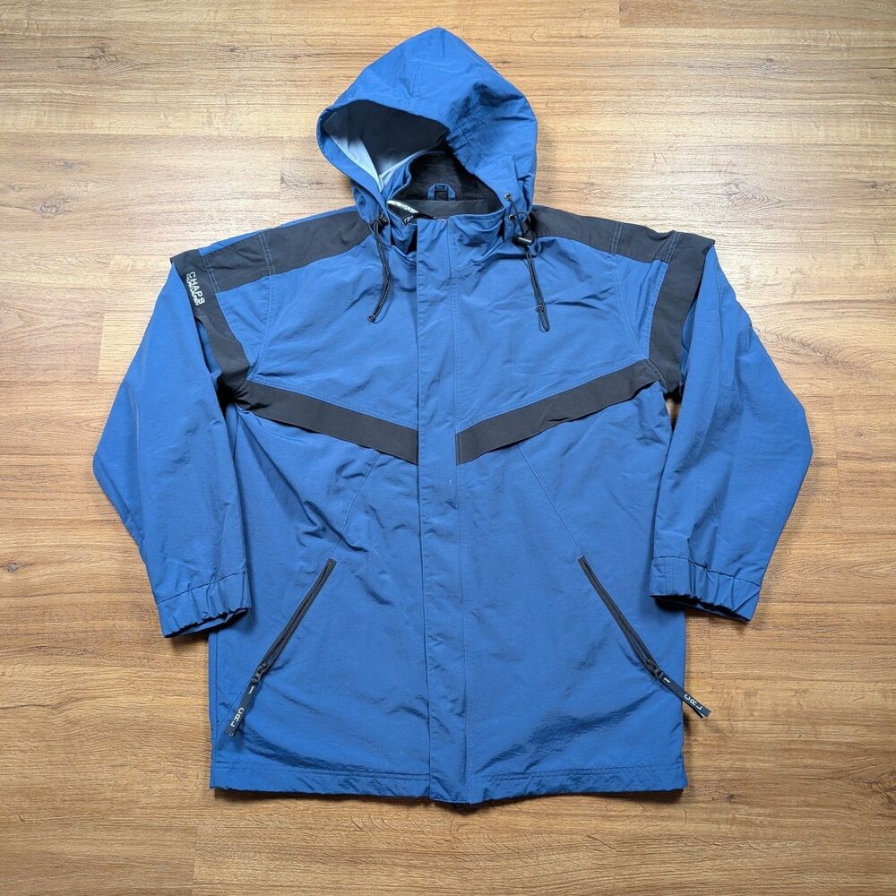 VTG Chaps Ralph Lauren Rain Jacket Mens M Blue Full Zip Windbreaker Hooded 90s